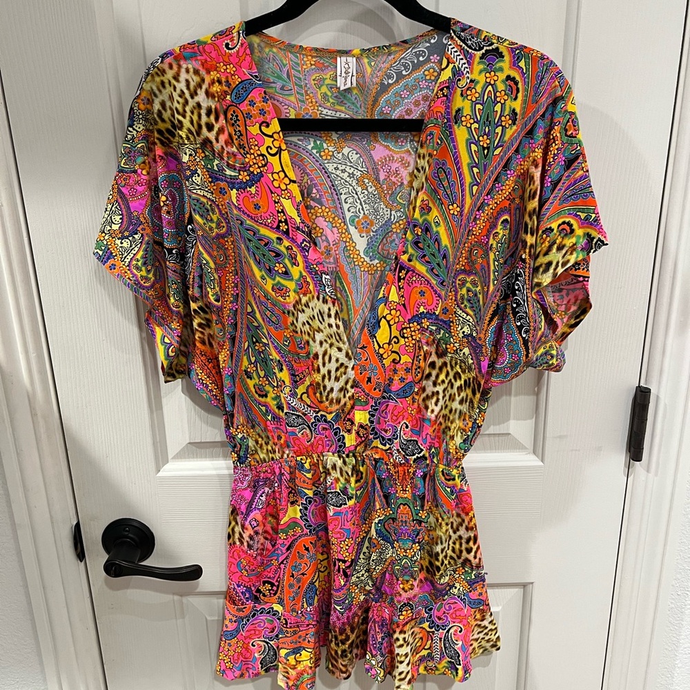 Luli Fama Colorful V Neck Ruffle Dress